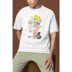 Sevbano Naruto Uzumaki Baskılı Unisex Oversize Anime Karakter Tişört - Beyaz - XS