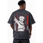 Sevbano Naruto Uzumaki Jinchuriki Anime Baskılı Unisex Oversize Eskitme Yıkamalı Tişört - Siyah - 2XL