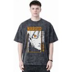 Sevbano Naruto Uzumaki Jinchuriki Anime Baskılı Unisex Oversize Eskitme Yıkamalı Tişört - Siyah - 4XL