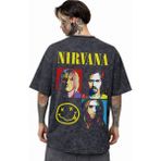 Sevbano Nirvana Rock Metal Müzik Grubu Sırt Baskılı Unisex Oversize Eskitme Yıkamalı Tişört - Siyah - 2XL