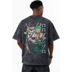 Sevbano One Piece Roronoa Zoro Anime Baskılı Unisex Oversize Vintage Yıkamalı Tişört - Siyah - XL