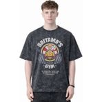 Sevbano One Punch Man Saitama Fitness Bodybuilding Anime Baskılı Unisex Oversize Eskitme Yıkamalı Tişört - Siyah - 3XL