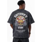 Sevbano One Punch Man Saitama Gym Fitness Bodybuilding Baskılı Unisex Oversize Eskitme Yıkamalı Tişört - Siyah - XS