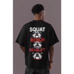 Sevbano Squat Bench Deadlift Halter Powerlifter Bodybuilding Fitness Sırt Baskılı Unisex Oversize Tişört - Siyah - XS