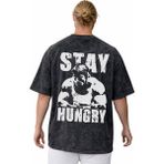 Sevbano Stay Hungry Arnold Bodybuilding Fitness Sporcu Sırt Baskılı Unisex Oversize Vintage Yıkamalı Tişört - Siyah - XL