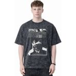 Sevbano Tasarım 2pac Tupac Amaru Shakur Şarkıcı Rapper Baskılı Unisex Oversize Eskitme Yıkamalı Tişört - Siyah - 2XL
