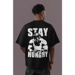 Sevbano Tasarım Arnold Stay Hungry Bodybuilding Fitness Sırt Baskılı Unisex Oversize Tişört - Siyah - 3XL