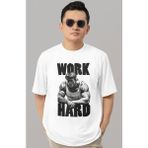 Sevbano Tasarım Arnold Work Hard Fitness Bodybuilding Sporcu Gym Baskılı Unisex Oversize Tişört - Beyaz - 2XL
