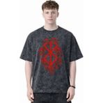 Sevbano Tasarım Berserk Guts Anime Baskılı Unisex Oversize Eskitme Yıkamalı Tişört - Siyah - 2XL