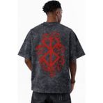 Sevbano Tasarım Berserk Guts Anime Baskılı Unisex Oversize Eskitme Yıkamalı Tişört - Siyah - XS