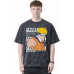 Sevbano Tasarım Naruto Uzumaki Anime Baskılı Unisex Oversize Eskitme Yıkamalı Tişört - Siyah - XL