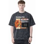 Sevbano Tasarım Naruto Uzumaki Kurama Anime Baskılı Unisex Oversize Eskitme Yıkamalı Tişört - Siyah - 3XL