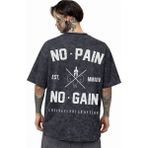 Sevbano Tasarım No Pain No Gain Sporcu Gym Fitness Sırt Baskılı Unisex Oversize Eskitme Yıkamalı Tişört - Siyah - XS