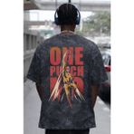Sevbano Tasarım One Punch Man Anime Sırt Baskılı Unisex Oversize Eskitme Yıkamalı Tişört - Siyah - XL