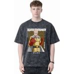 Sevbano Tasarım One Punch Man Saitama Anime Baskılı Unisex Oversize Eskitme Yıkamalı Tişört - Siyah - 3XL