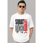 Sevbano Tasarım Squat Bench Deadlift Fitness Bodybuilding Gym Sporcu Baskılı Unisex Oversize Tişört - Beyaz - XL