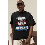Sevbano Tasarım Squat Bench Deadlift Fitness Bodybuilding Gym Sporcu Baskılı Unisex Oversize Tişört - Siyah - 2XL