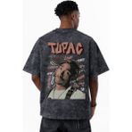 Sevbano Tupac 2pac Rapper Şarkıcı Karakterler Baskılı Unisex Oversize Eskitme Yıkamalı Tişört - Siyah - 3XL