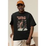 Sevbano Tupac Rapper Baskılı Unisex Oversize 2pac Şarkıcı Tişört - Siyah - M