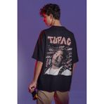 Sevbano Tupac Rapper Sırt Baskılı Unisex Oversize Şarkıcı Tişört - Siyah - XL