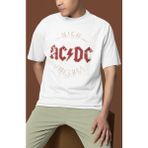 Sevbano Vintage High Ac Dc Voltage Baskılı Unisex Oversize Müzik Grubu Tişört - Beyaz - XL