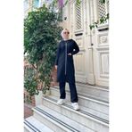 Sevda 03055 Siyah Kapşonlu Fermuarlı Yırtmaçlı Uzun Sweat Pantolon Spor İkili Takım