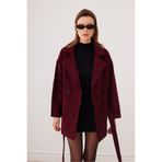 SevdeUgur Kadın Bordo Oversize Kısa Kaşe Kaban Kemerli Astarlı - Sevde Ugur