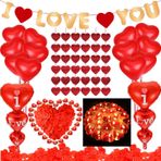 Sevgililer Günü Balon Dekorasyon Seti -1000 ADET Kırmızı Gül Yaprakları, Kalp Balonlar/Mum/Çelenk, Seni Seviyorum Folyo Balonlar ve Keçe Çelenk Afişi Sevgililer Günü Dekoru Nişan Düğün Yıldönümü için