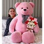 Sevgililer Günü İçin Romantik Hediye 140 cm Papyonlu Büyük Peluş Ayıcık ve Kalpli Ayıcık Buketi (pembe)