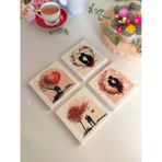 Sevgililer Günü,romantik Siluet ve Ağaç Tasarımlı cm Taş Bardak Altlığı 4'lü Set - 10 x 10 cm