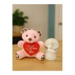 Sevgiliye Eşe Özel Günlere Hediye Sevimli Mini Peluş Ayıcık Ve Mini Melek Kar Küresi Set Pembe