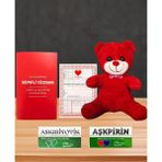Sevgiliye Romantik Hediye Kırmızı Ayıcık - Aşkpirin - Aşkıbiyotik - Sevgili Cüzdanı ve Aşk Tapusu