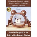 Sevimli Ayıcıklı Çocuk Suluğu Çift Kapaklı Pipetli Boyun Askılı Su Matarası Şişesi Kahve Sticker - Diğer