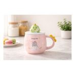 Sevimli Dinozor Kapaklı Seramik Kupa Bardak 500 ML Pipetli Mousse Tasarımlı Kahve & Çay Kupası (Pudra Pembe)