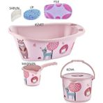 Sevimli Figürler 7 Parça Bebek Yıkama Banyo Küvet Seti Kova Maşrapa Küvet Filesi Sünger Sabun(Pembe) - Ekru