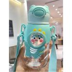 Sevimli Figürlü Çocuk Su Şişesi, Boyun Askılı, Pipetli, 660ML, Yeşil - Seçenek 1 - Ahşap