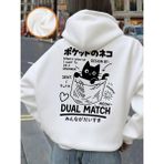 Sevimli Japon Cep Kedi Baskılar Kapüşonlular Kadın Kış Polar Kazak Temelleri Gevşek Kazak Rah - Beyaz - 2XL