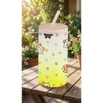 Sevimli Kedi Figürlü Buzlu Cam Suluk – 600 ml Cam Pipetli & Bambu Kapaklı - Sarı