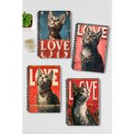 Sevimli Kediler Love Tasarım Tel Spiralli A5 Çizgisiz 4'lü Hatıra, Anı, Okul Defter Seti
