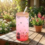 Sevimli Kediliii Figürlü Buzlu Cam Suluk – 600 ml Cam Pipetli & Bambu Kapaklı