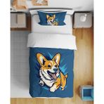 Sevimli Köpek 3D Dijital Baskılı Tek Kişilik Çocuk Genç Çarşafsız Nevresim Takımı - Mavi - 160 x 220 cm