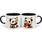 Sevimli Panda 2’li Porselen Kupa Bardak Seti – Kalpli Panda Tasarım Çift Kupa – Sevgiliye Hediye - Beyaz
