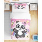 Sevimli Panda 3D Dijital Baskılı Tek Kişilik Çarşafsız Kız Çocuk Nevresim Takımı - Pembe - Beyaz - 160 x 220 cm