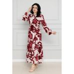 Sevitli Çiçekli Kuşaklı Viscon Elbise-Bordo - 44