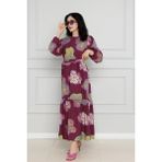 Sevitli Desenli Kuşaklı Viscon Elbise-Bordo - 44
