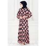 Sevitli Eteği Fırfır Ikat Desen Viscon Elbise-Lacivert - 38