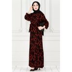 Sevitli Eteği Fırfır Yaprak Desenli Viscon Elbise-Bordo - 40