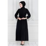 Sevitli Gömlek Yaka Beli Tünelli Sare Elbise-Siyah - Beyaz - 44
