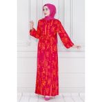 Sevitli Otantik Yarım Düğmeli Viscon Elbise-Pembe - 48