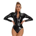 Sexy Deri Görünümlü Ayarlanabilir Çift Fermuarlı Body, Kısa Kollu,Uzun Kollu Seçeneklerle, Fantazi Kostüm (Siyah Uzun Kol, S)